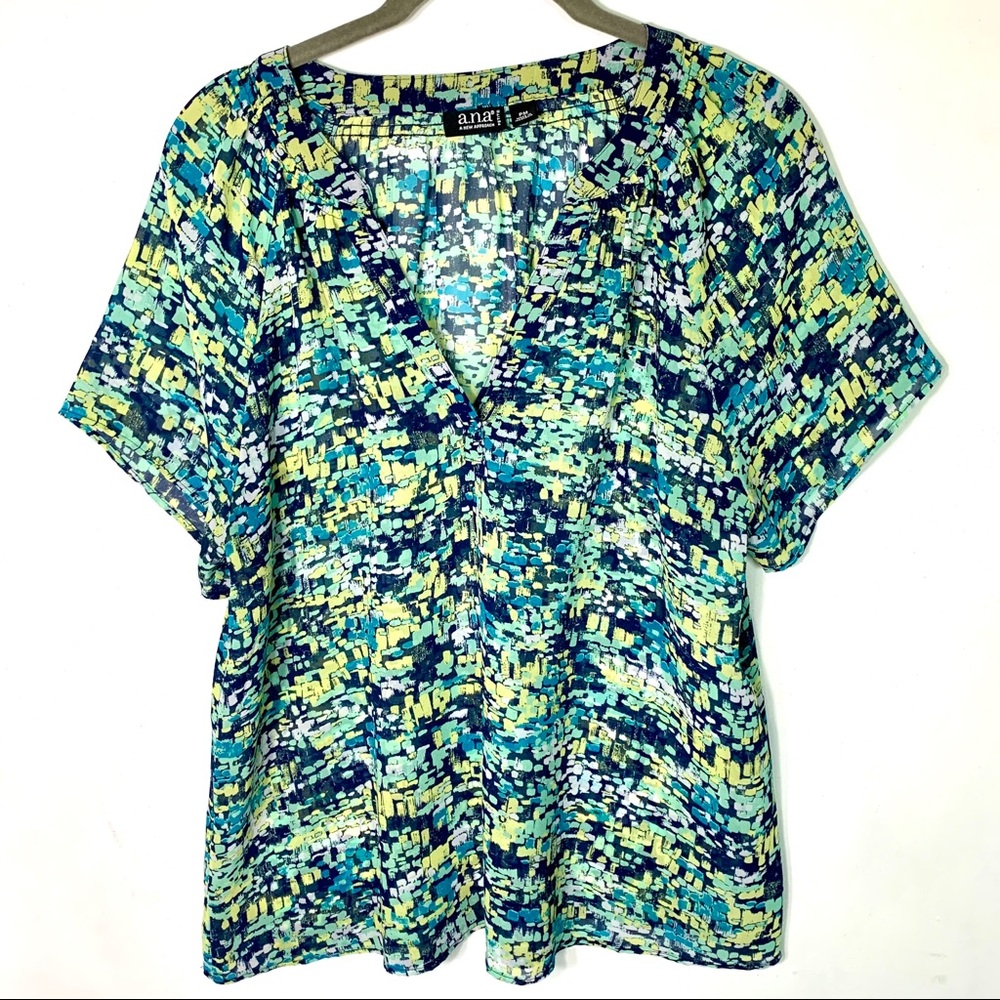 A.N.A. Cool Color Short Sleeve Scoop V Neck Blouse